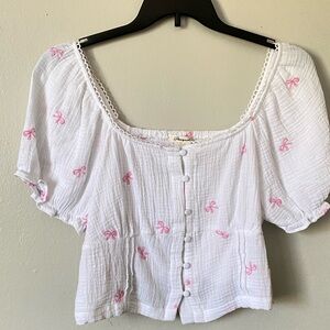 Coquette Puff Sleeve Pink Embroidered Linen Bow Top Cottagecore Size XL